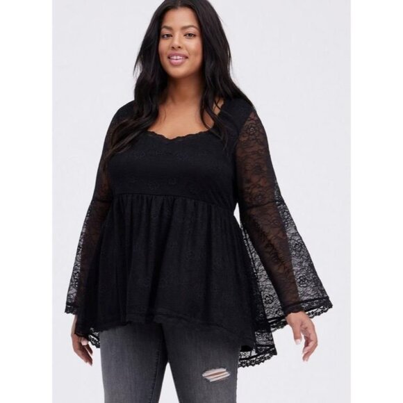 torrid Tops - New NWT Women's Torrid Black Bell Sleeve Babydoll Lace Top Size 0 Large 12